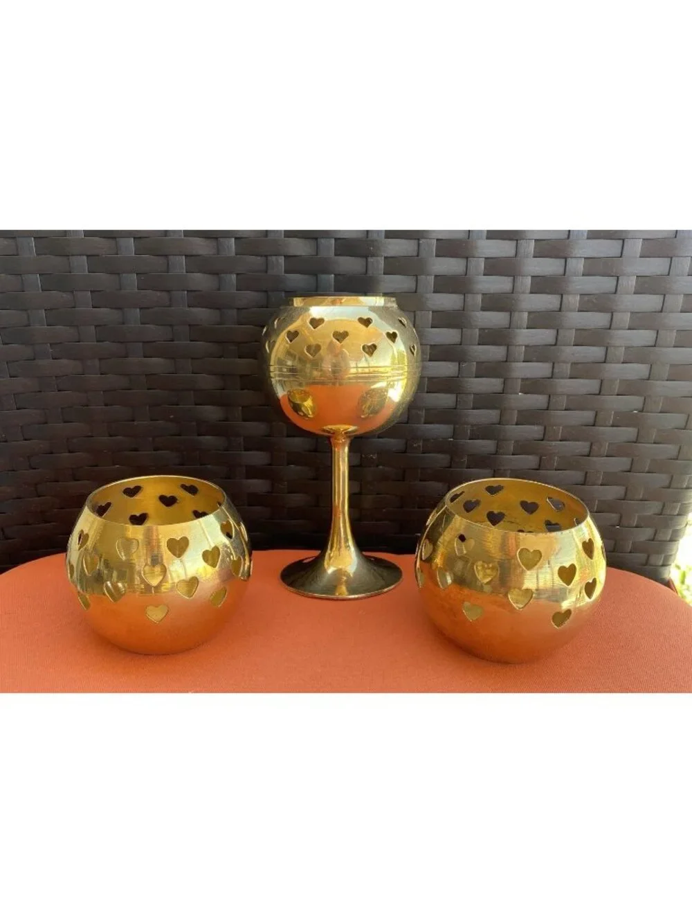 3 Vintage Brass Heart Cutout Votives 6” Height 2 3/4” Height
